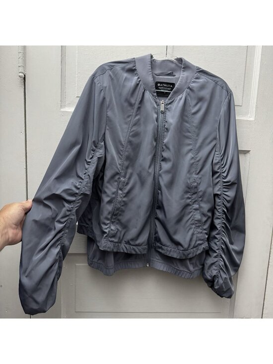 Athleta Jackets & Blazers - Athleta Medium Gray Ruched Sleeve Zip Front Bomber Jacket Women M